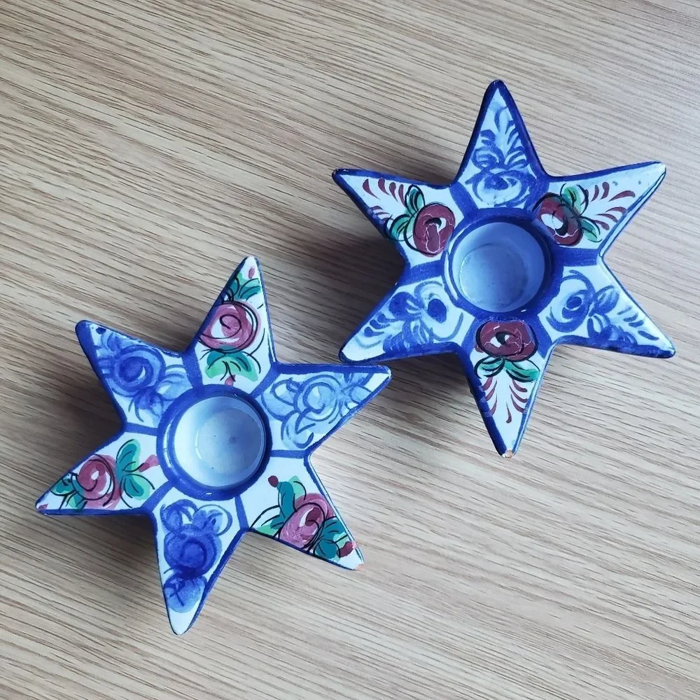 Handmade star shaped‎ floral painted candle holder set of two